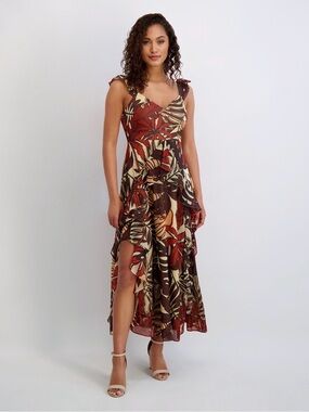 Siena Tropical Ruffle Maxi Dress - Brown & Rust